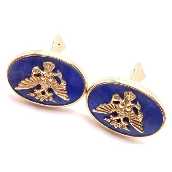 Authentic! Franklin Mint Faberge Imperial Eagle 14k Yellow Gold Lapis Cufflinks - Picture 9 of 9